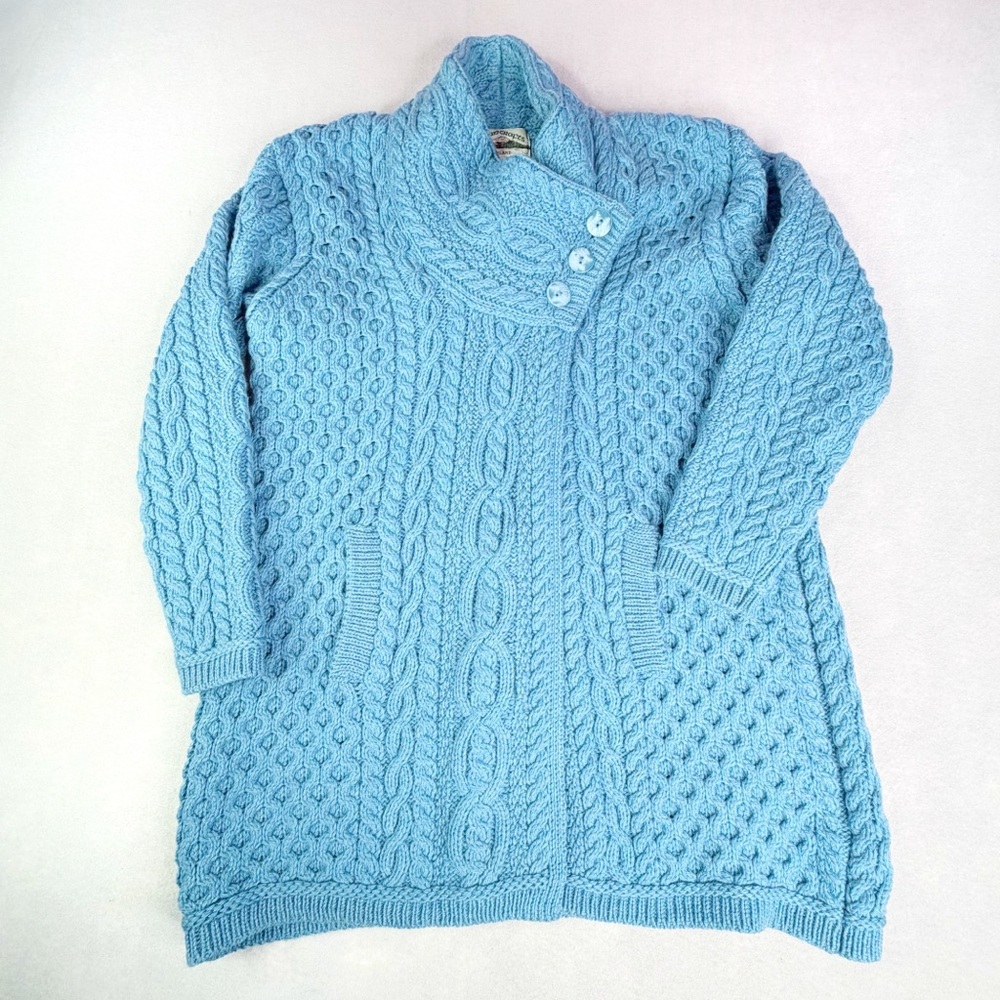 Aran Crafts Blue Cable Knit Merino Wool Button Cardigan Sweater Jacket Large